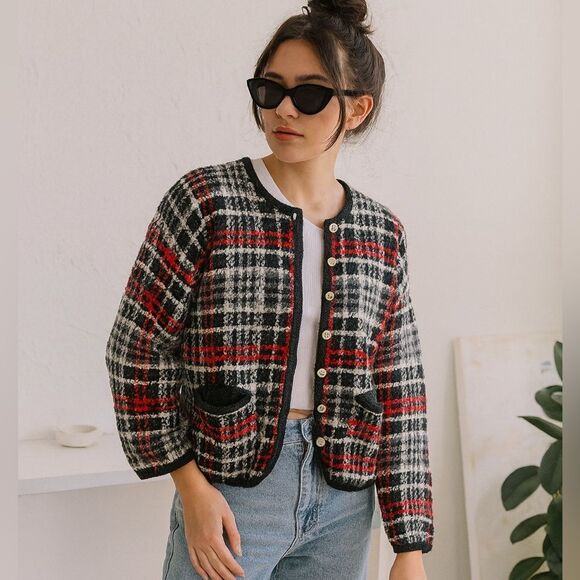 LISE J. Sweater Plaid Preppy Academia Knit Cardigan Padded Shoulders L - Picture 1 of 8